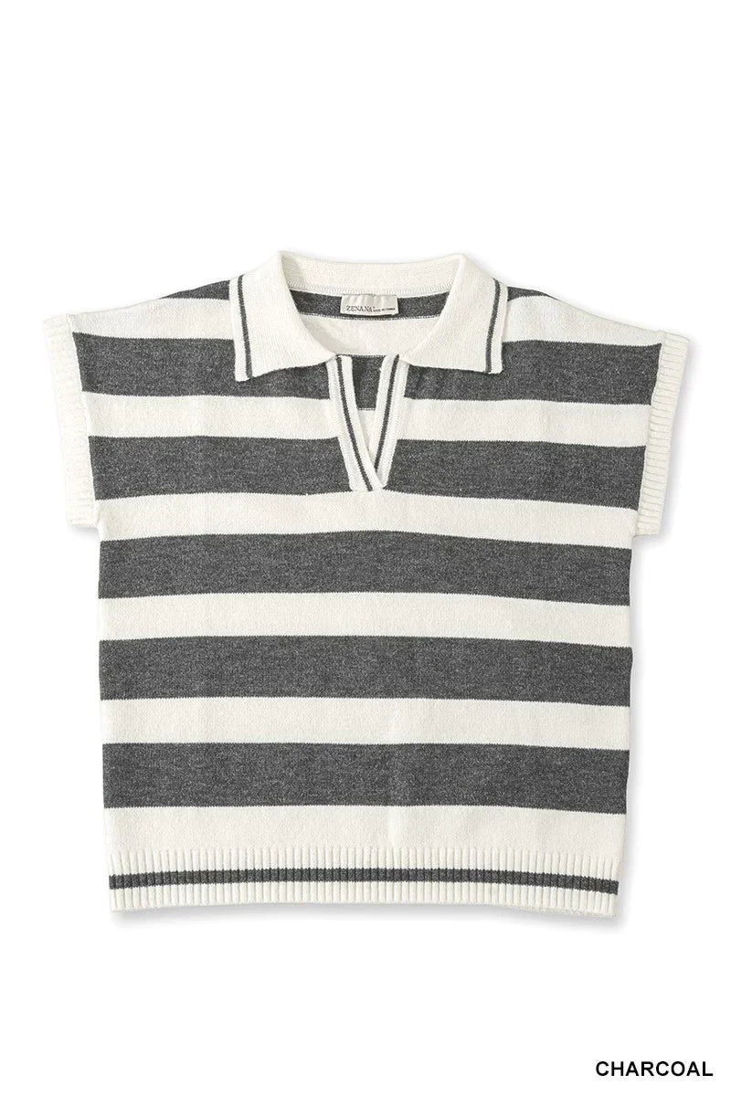 Short sleeve knit top with charcoal and white horizontal stripes and a collared neckline