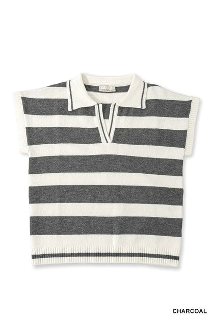 Short sleeve knit top with charcoal and white horizontal stripes and a collared neckline