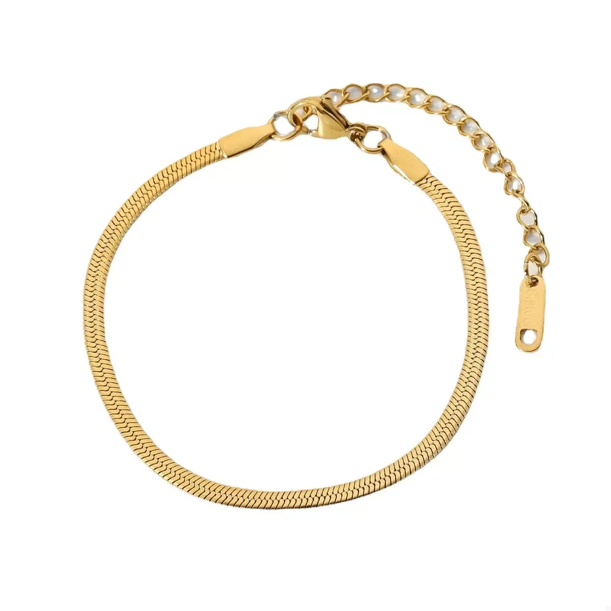 Gold herringbone chain bracelet with adjustable clasp on white background