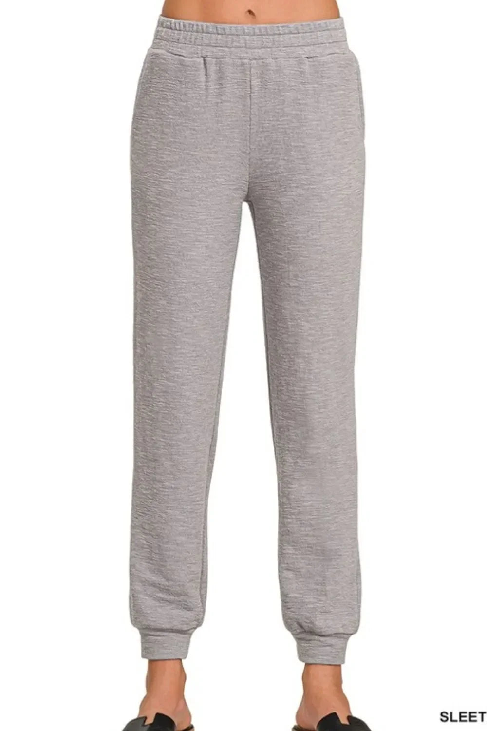 Women's light Grey Zenana Cotton Slub Jogger Pants with elastic waistband and cuffed ankles