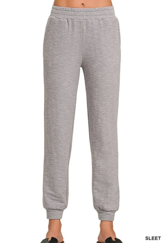 Women's light Grey Zenana Cotton Slub Jogger Pants with elastic waistband and cuffed ankles
