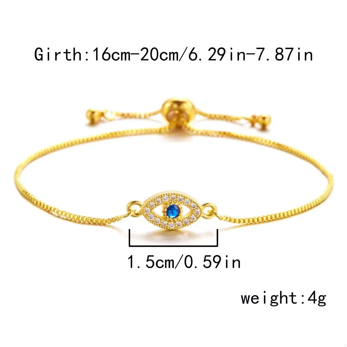 Gold adjustable evil eye bracelet with blue centerpiece, cubic zirconia accents, size details shown