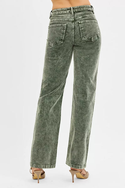 Back view of high-waisted, wide-leg green corduroy pants with rear pockets.