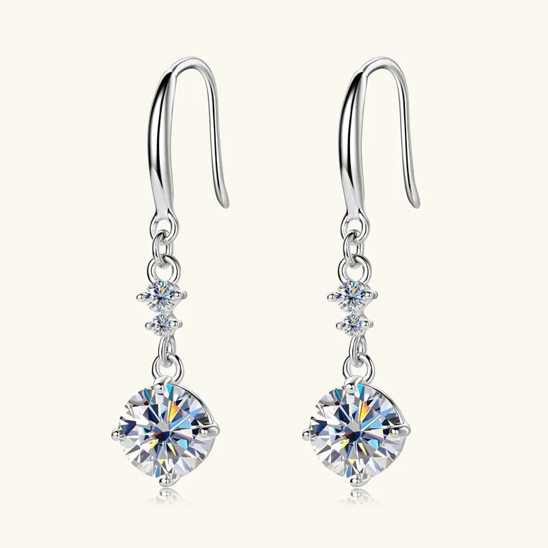 Silver dangle earrings with round cubic zirconia stones and minimalist hook design