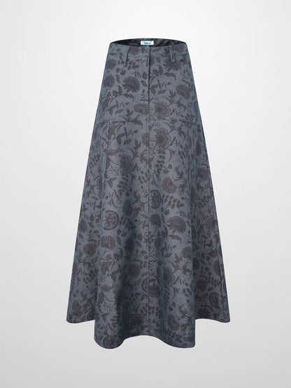Floral Yoke Denim Skirt - Blue Floral-1
