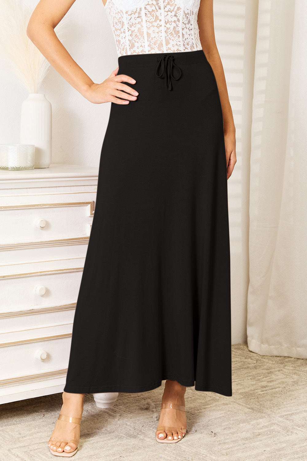 Double Take Full Size Soft Rayon Drawstring Waist Maxi Skirt Rayon-6