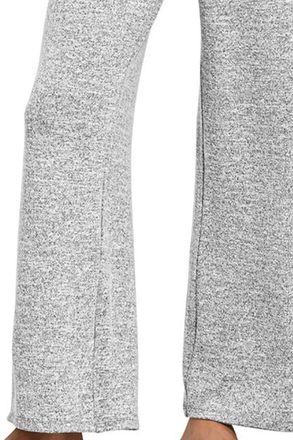 Close-up of heather grey wide-leg knit pants with a textured fabric