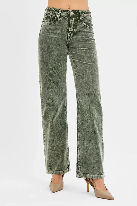 High-waisted olive green corduroy wide-leg pants with front pockets and button closure