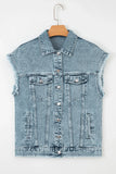 Sleeveless light wash denim vest with frayed edges and button front on hanger