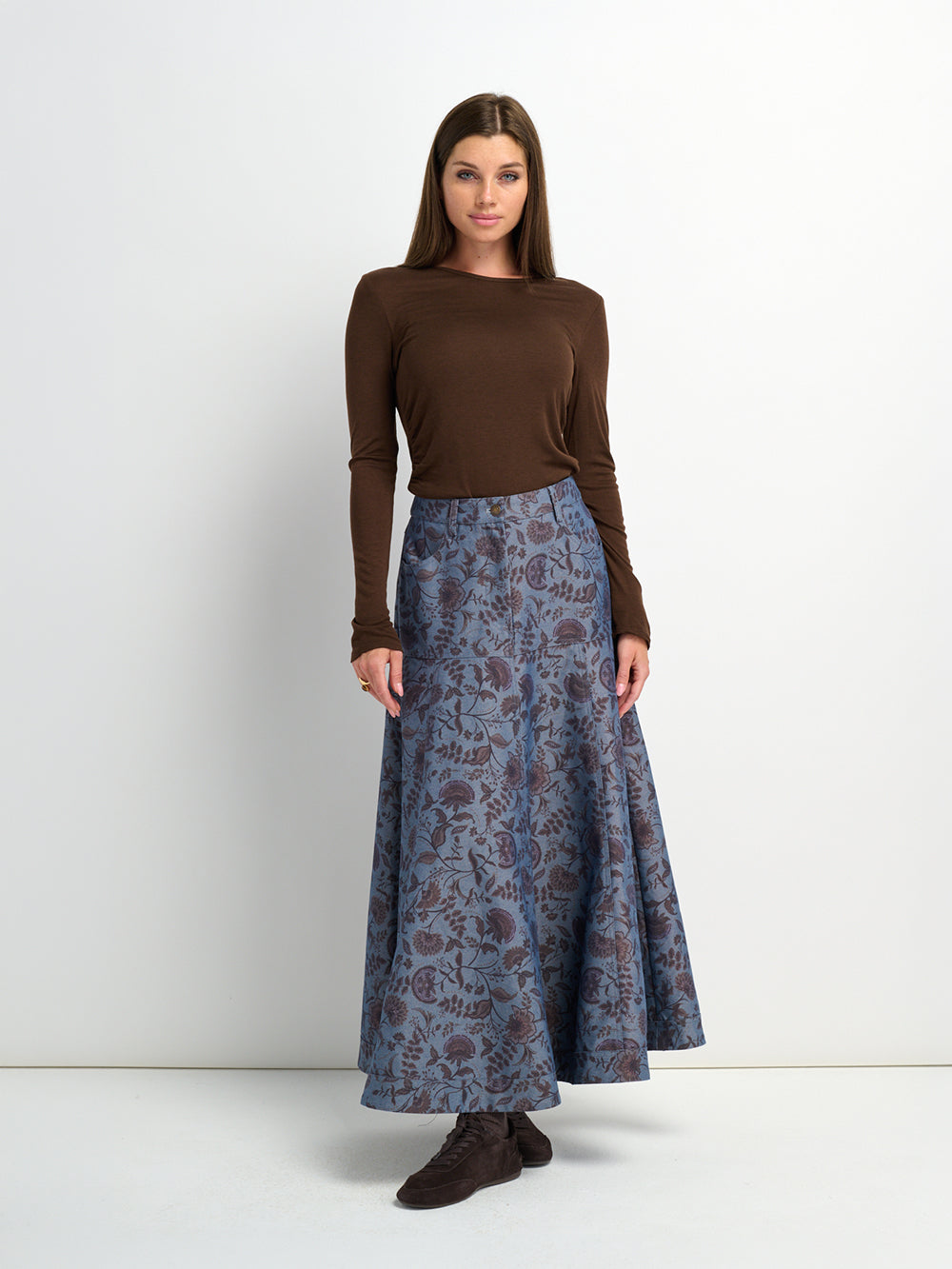 Floral Yoke Denim Skirt - Blue Floral-4
