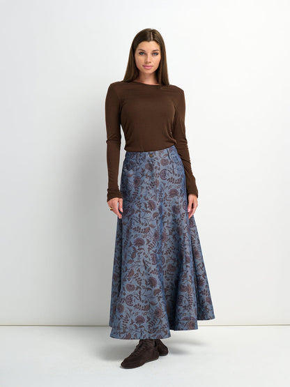 Floral Yoke Denim Skirt - Blue Floral-4