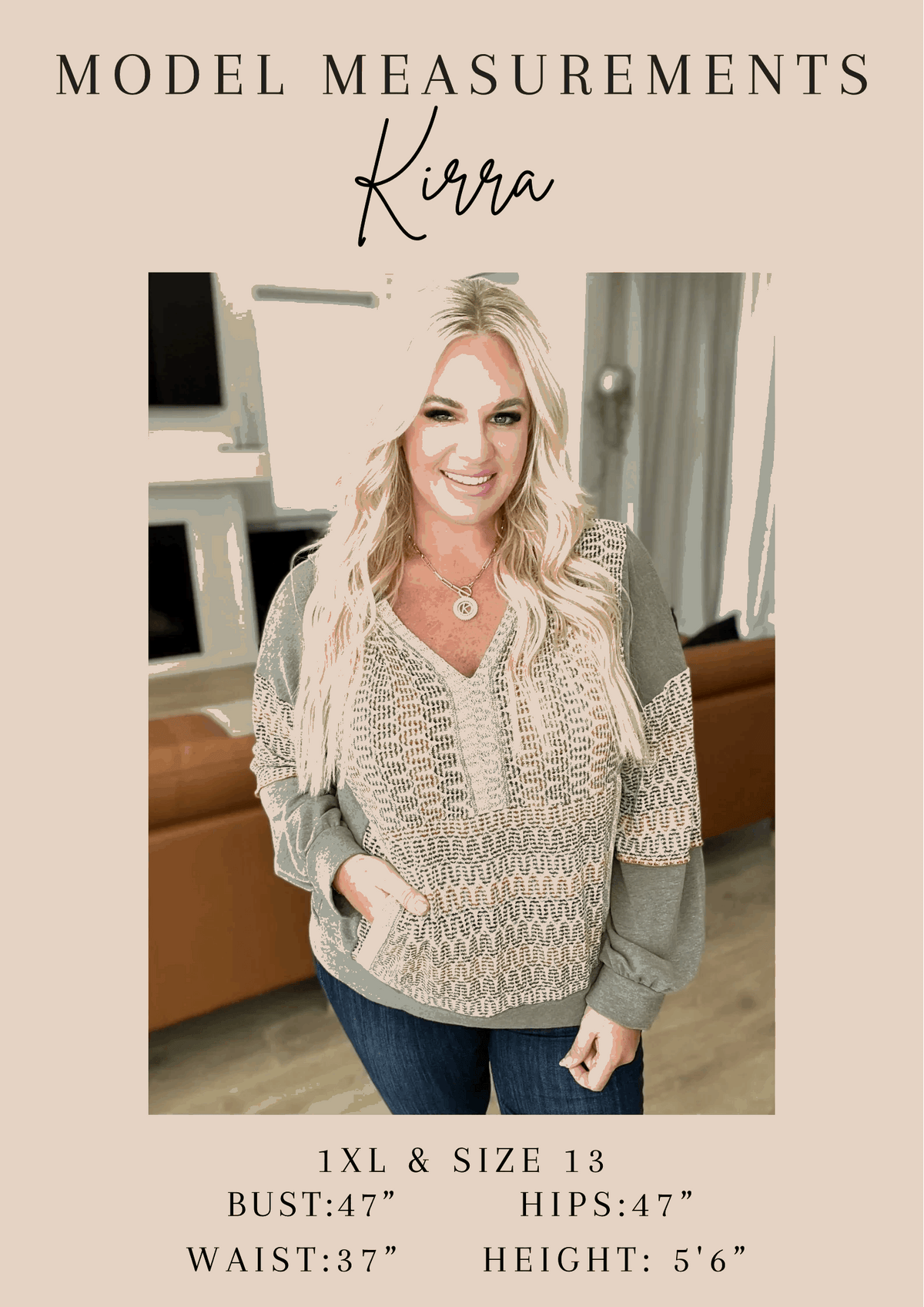 Woman modeling patterned long-sleeve V-neck sweater, size 1XL, casual home setting
