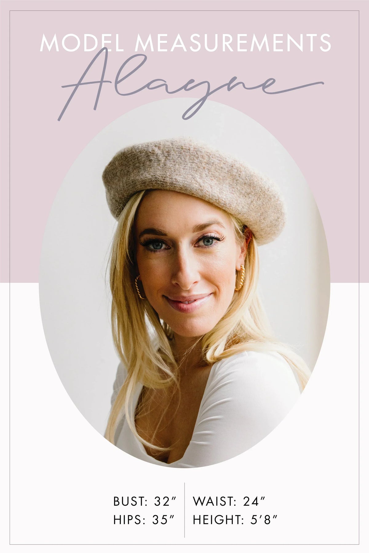 Woman in beige wool beret and white top, with measurement details, posing indoors.