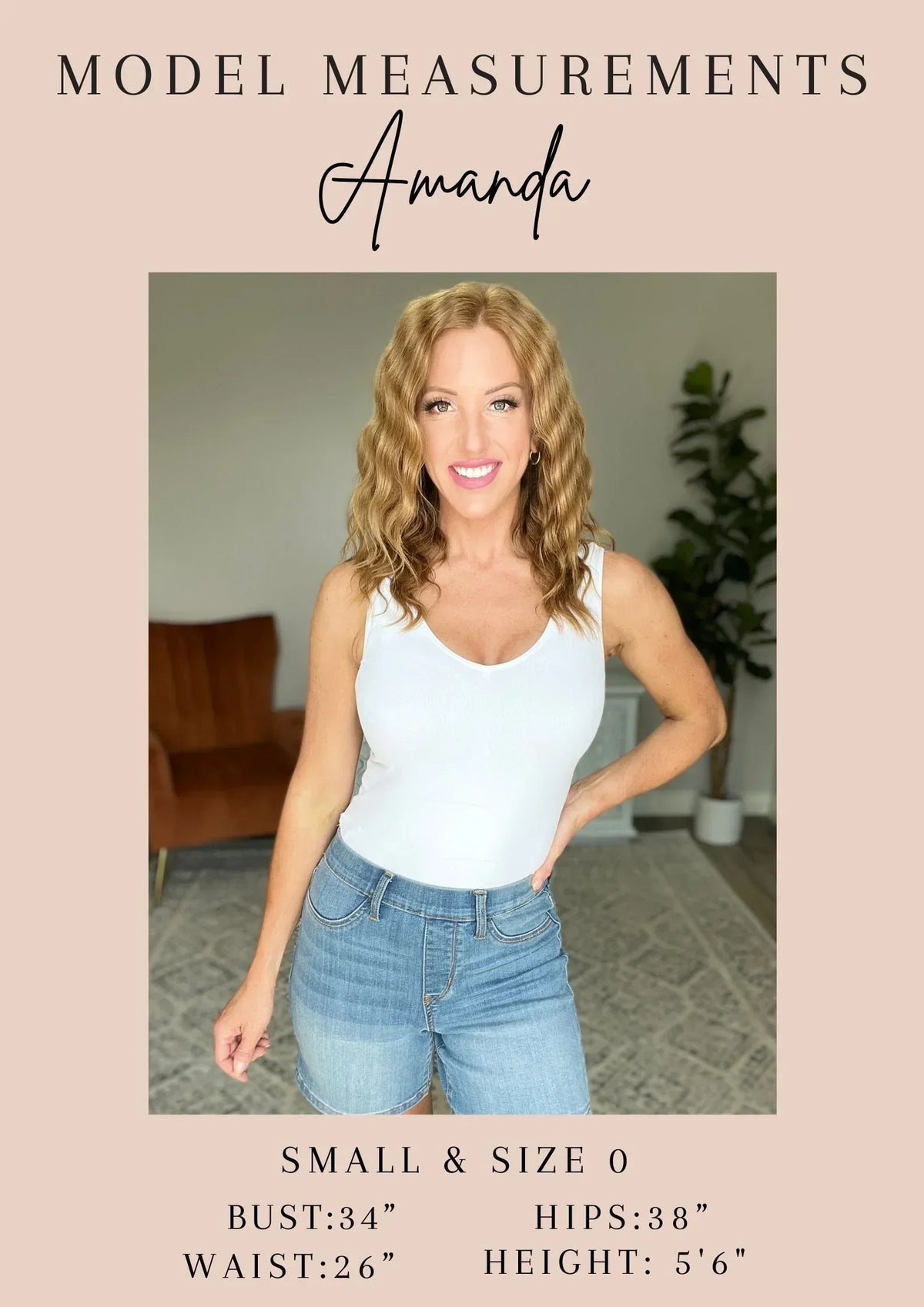 Woman modeling casual outfit with white tank top and denim shorts, model measurements shown
