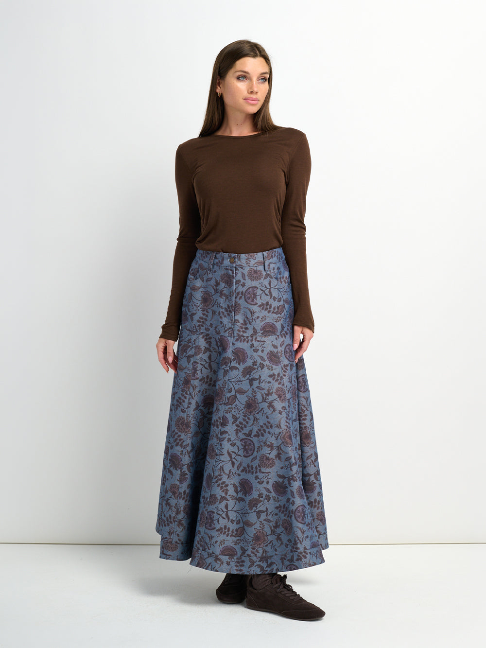 Floral Yoke Denim Skirt - Blue Floral-0