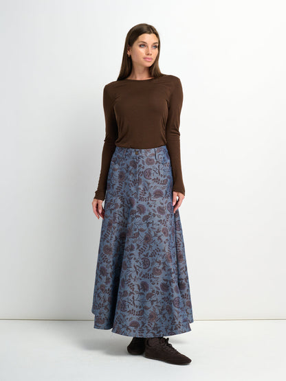 Floral Yoke Denim Skirt - Blue Floral-0