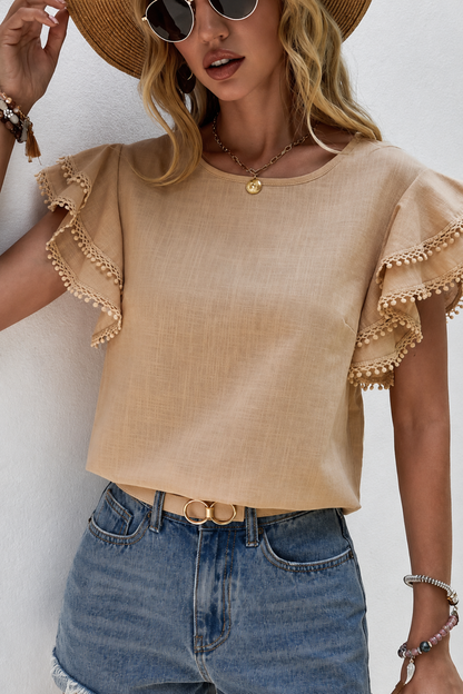 Beige Ruffle Sleeve Top for Women