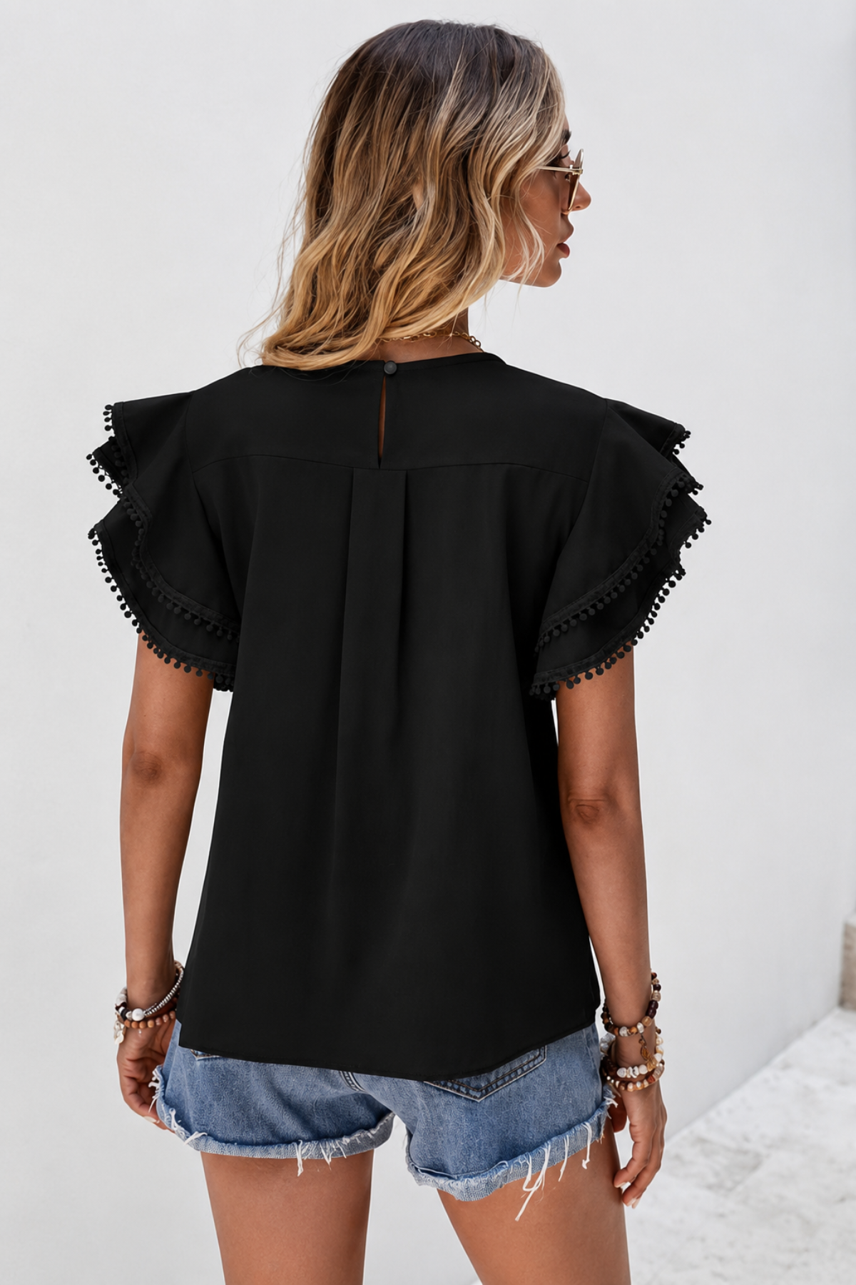 Black Casual Top with Layered Ruffle Sleeves for Women