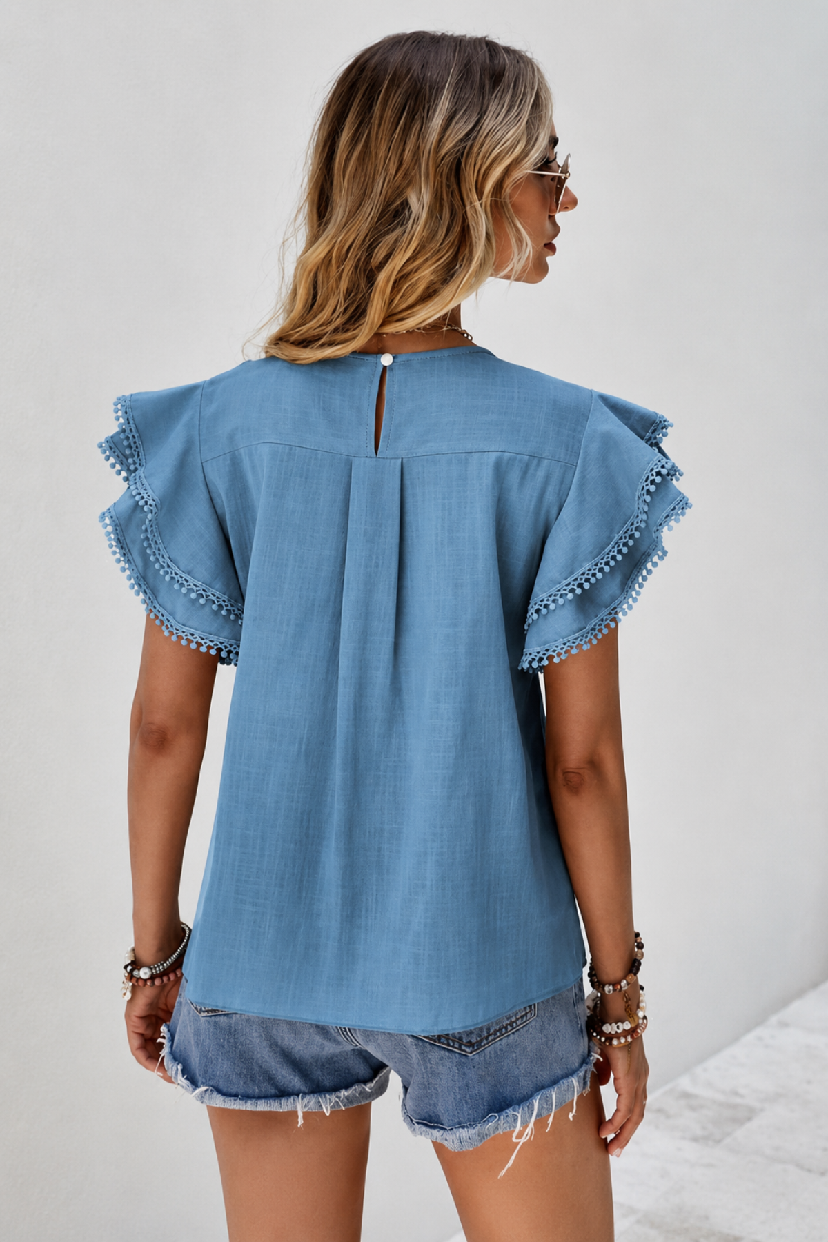 Blue Casual Top with Layered Ruffle Sleeves for Women