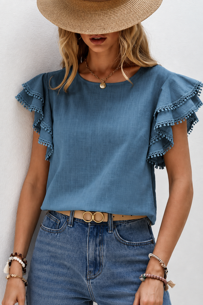 Blue Ruffle Sleeve Top for Women