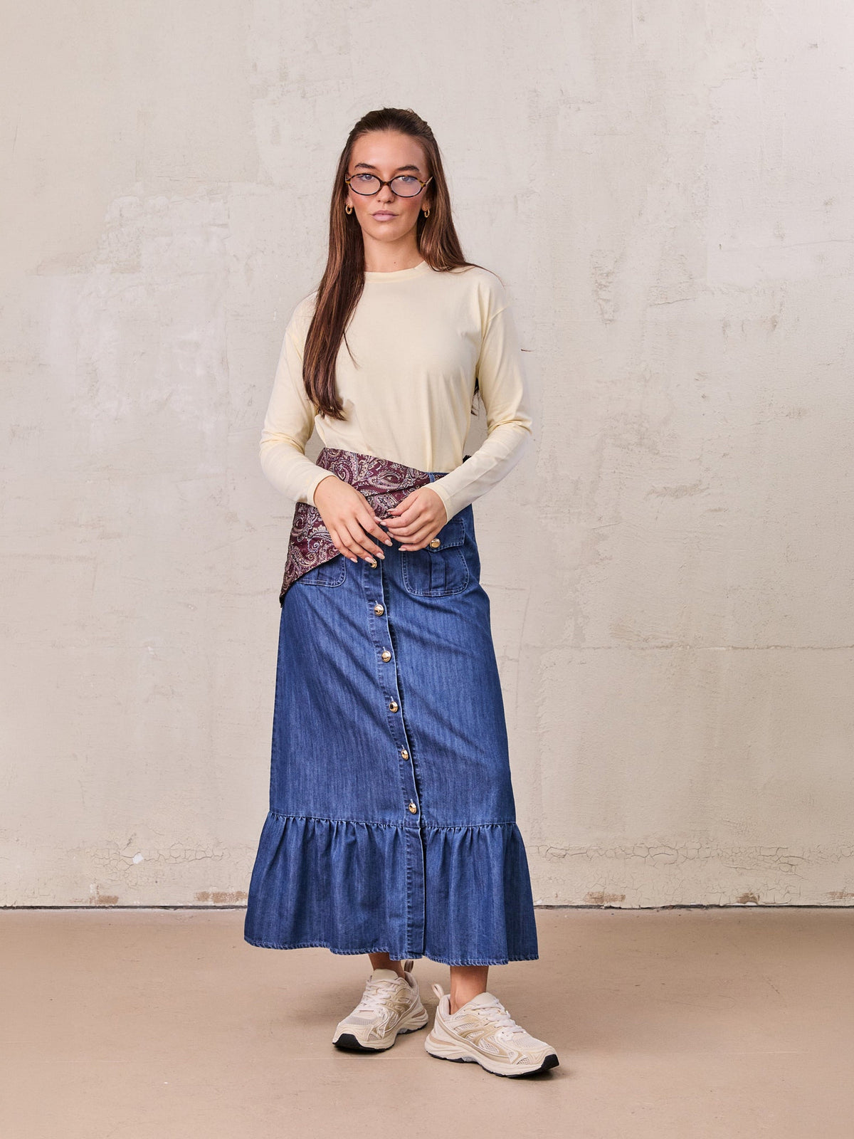 Bottom Ruffle Button Down Denim Skirt-Blue-0