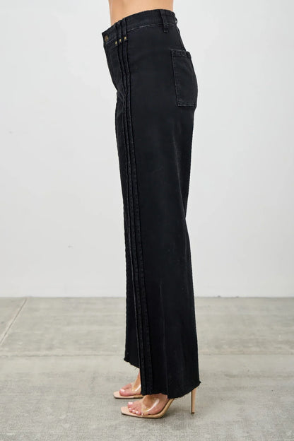Side view of high-waisted black wide-leg jeans with vertical stitched details