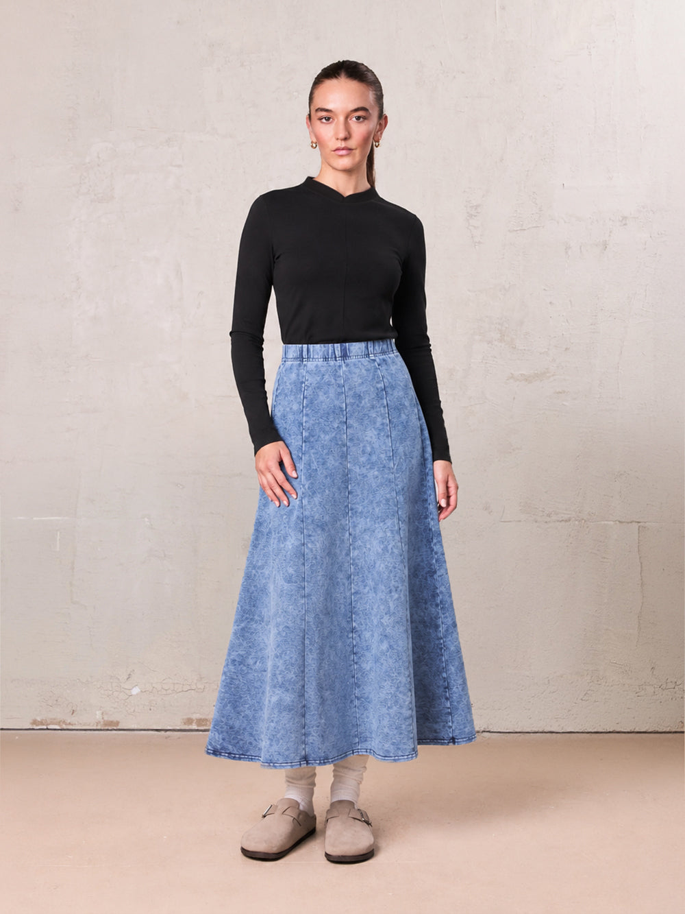 Paneled Flare Skirt 35"-Light Blue Wash-0