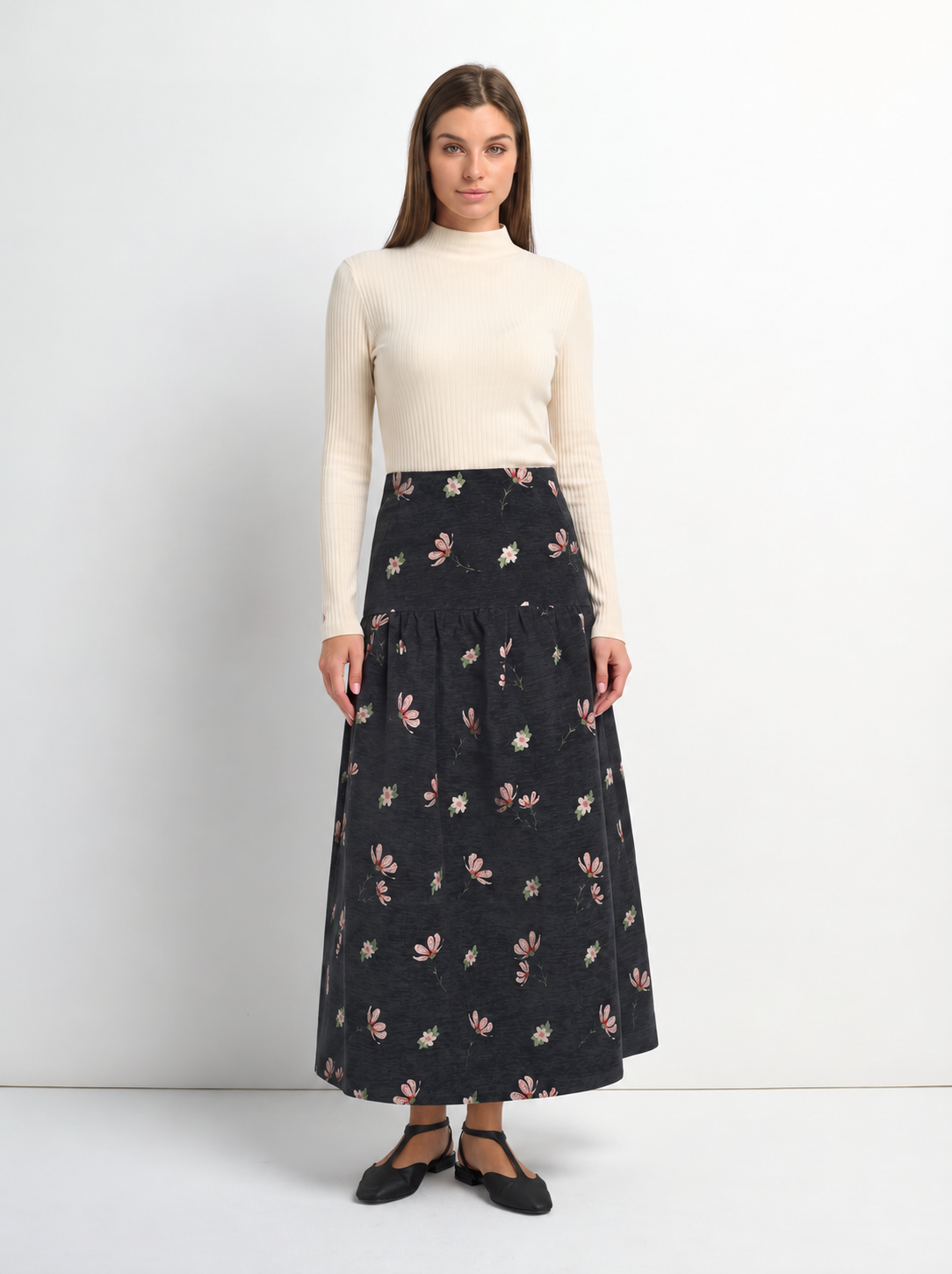 Curved Yoke Gathered Skirt - Embroidered Flowers-0