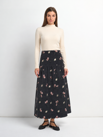 Curved Yoke Gathered Skirt - Embroidered Flowers-0