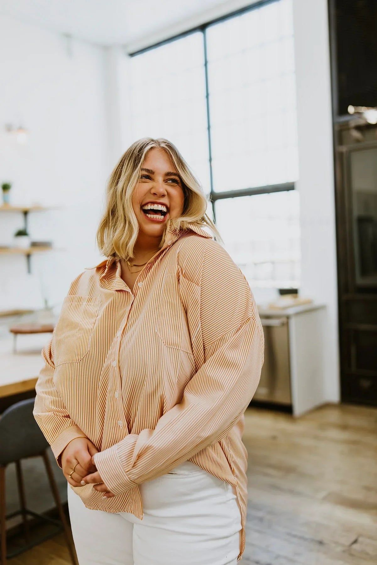 Women’s White Striped Button Down Shirt