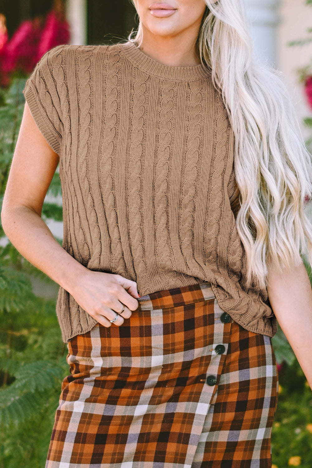Laura Crew Neck Cable Knit Short Sleeve Sweater-0