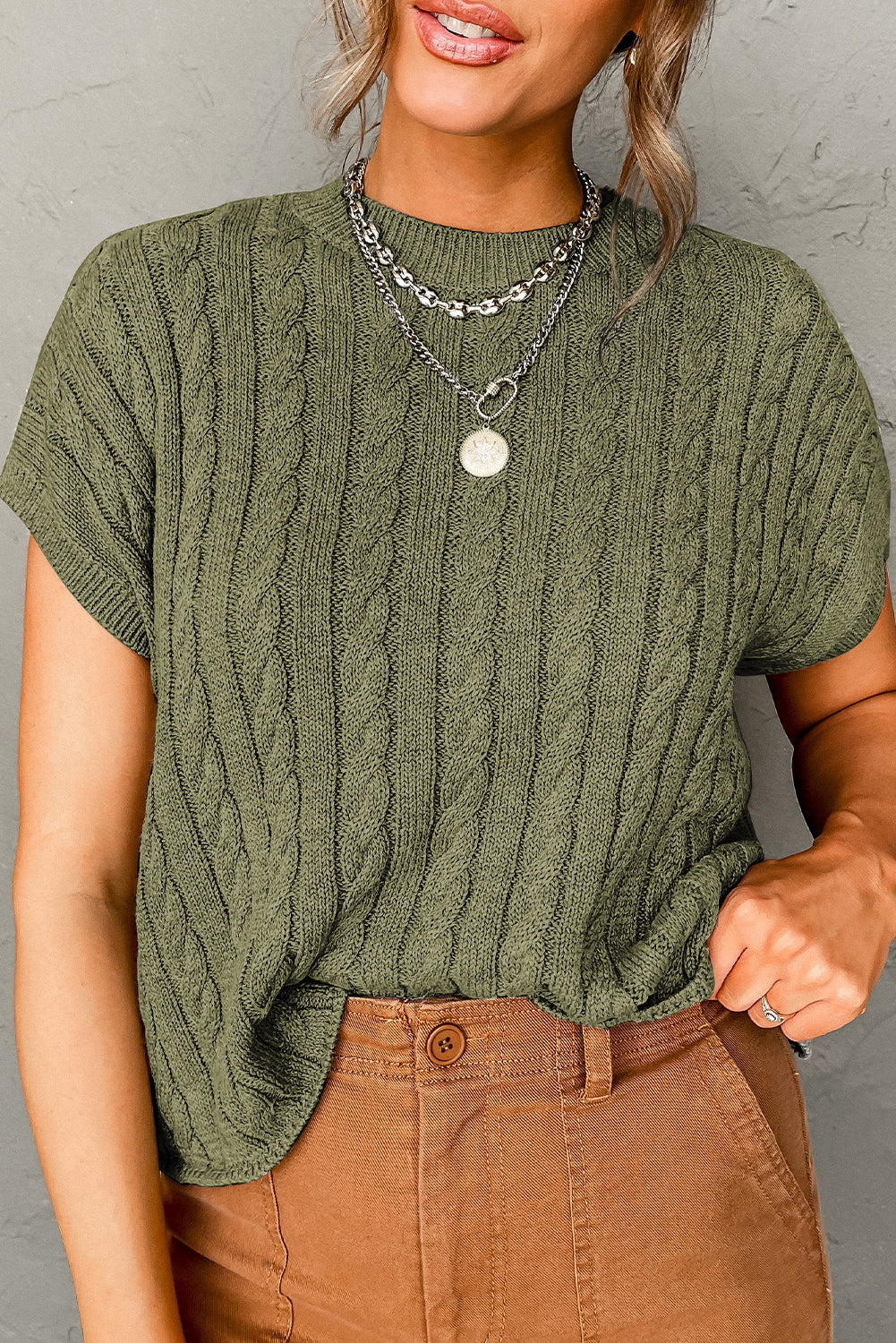 Laura Crew Neck Cable Knit Short Sleeve Sweater-4