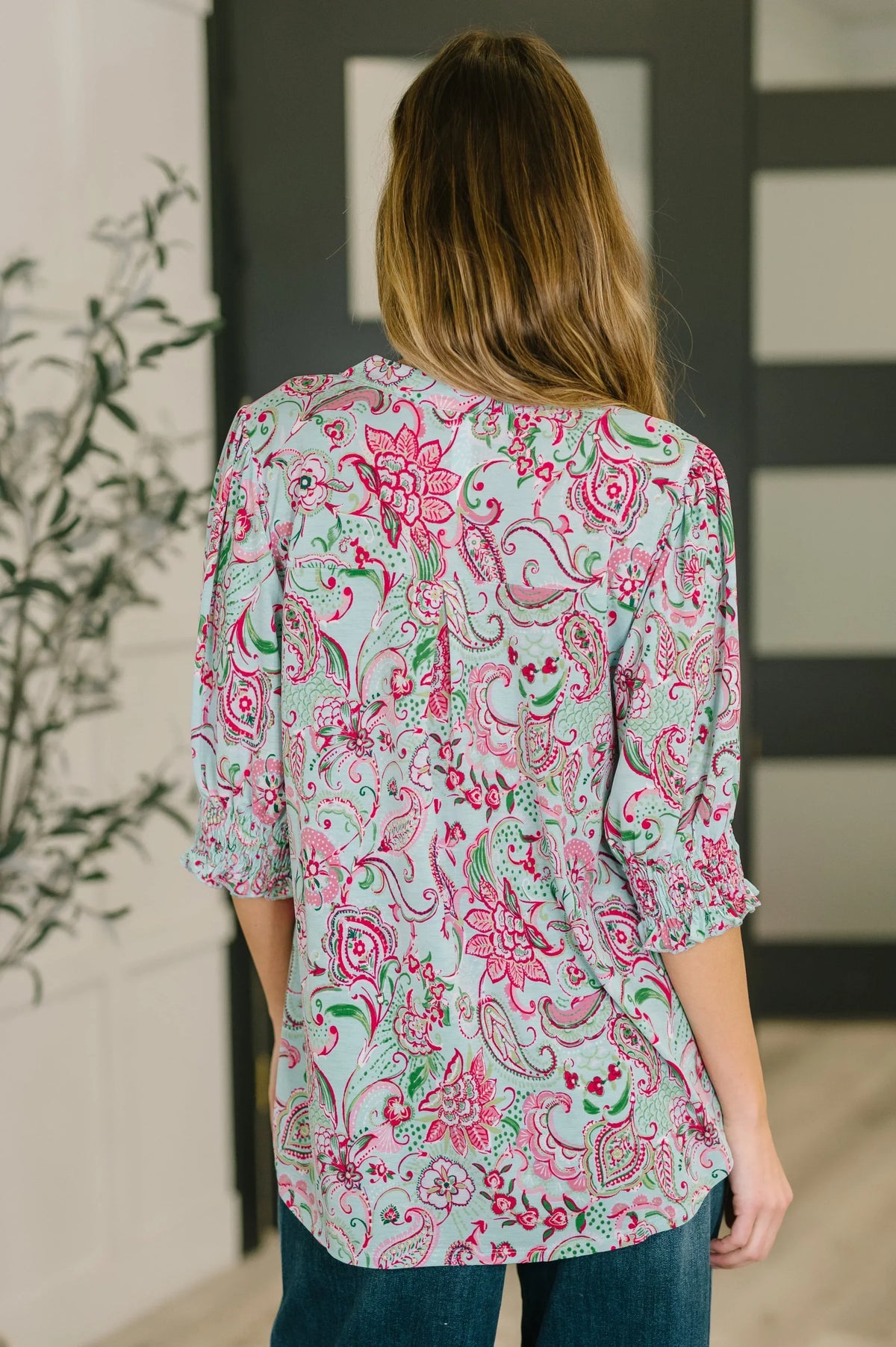 Lizzy Smock Top in Mint and Pink Floral Paisley