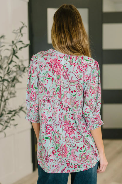 Lizzy Smock Top in Mint and Pink Floral Paisley