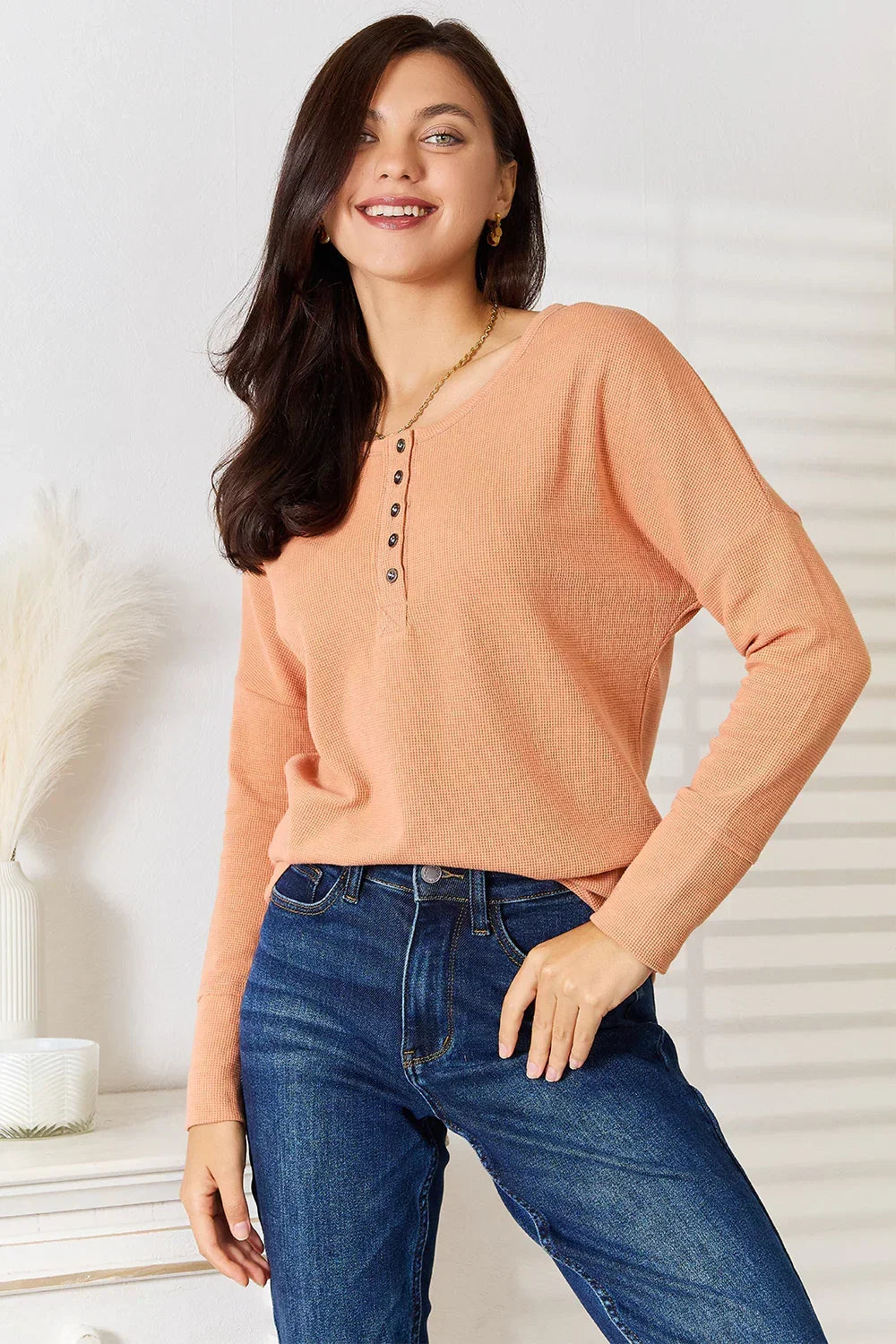 Women's Caramel Long Sleeve Henley Knit Top