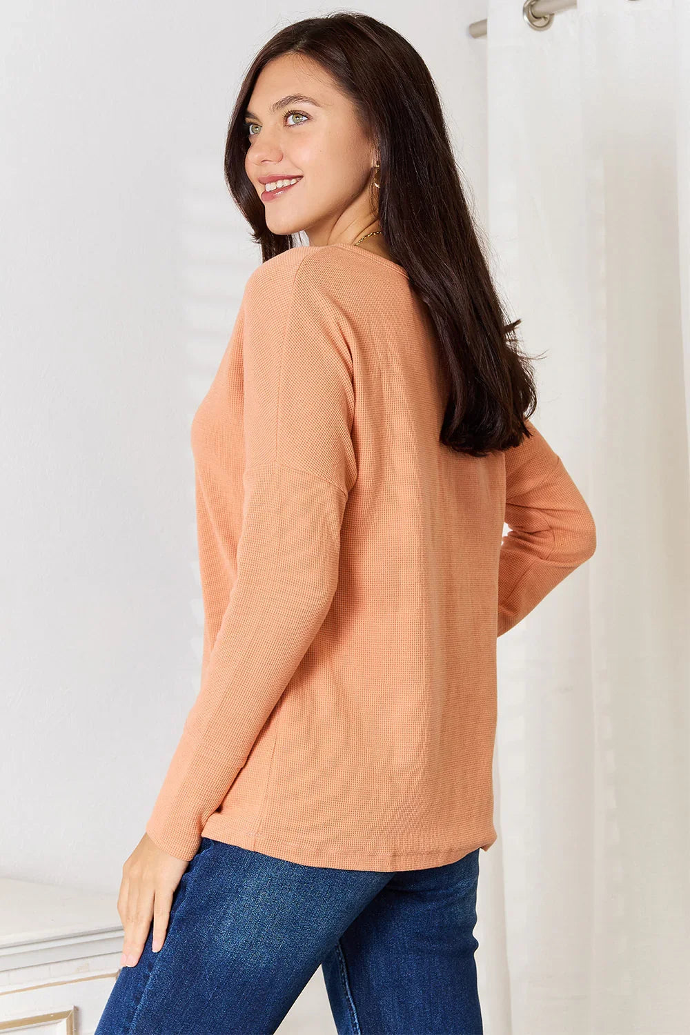 Women's Caramel Textured Long Sleeve Henley Top