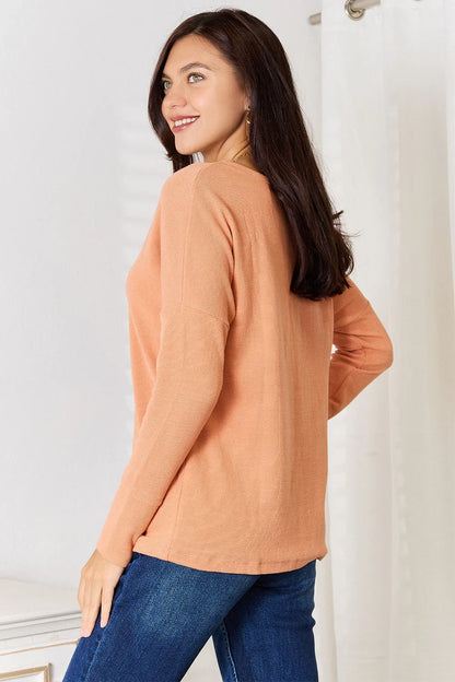 Women's Caramel Textured Long Sleeve Henley Top