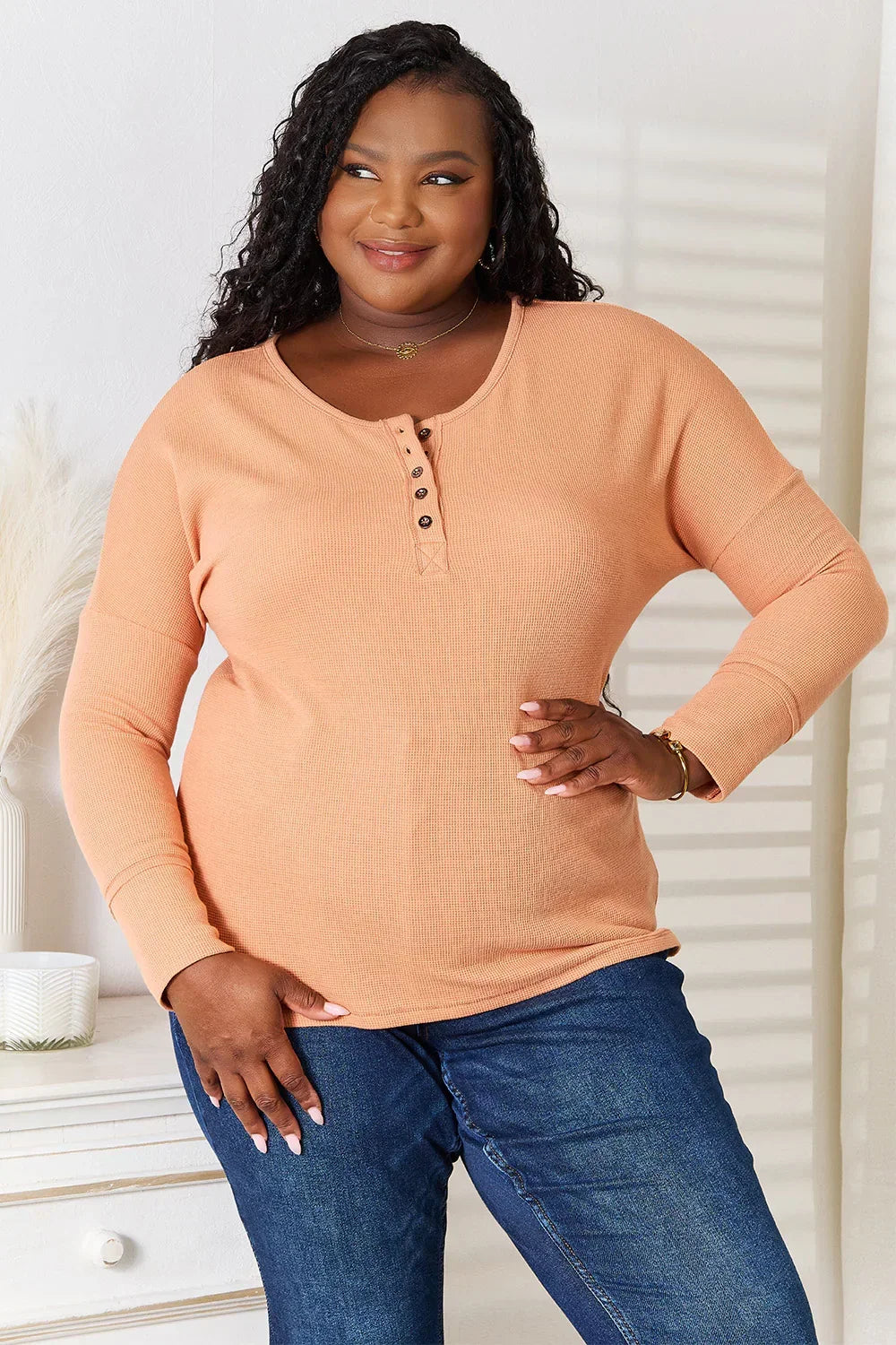 Women's Caramel Ribbed Henley Neck Top
