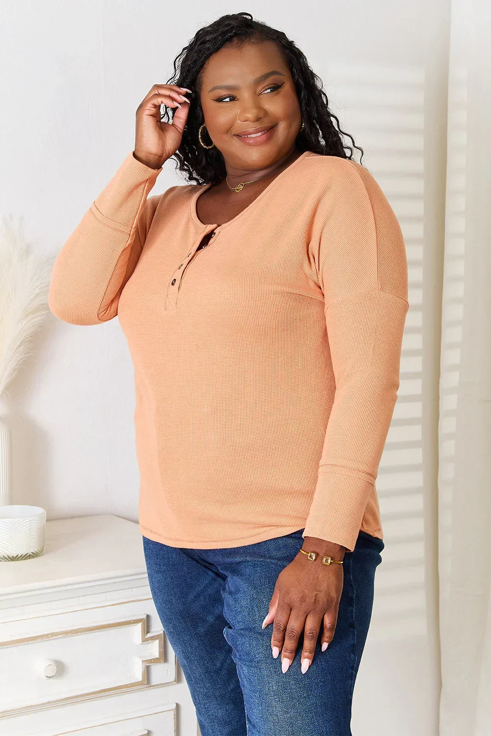 Women's Casual Caramel Henley Pullover Top