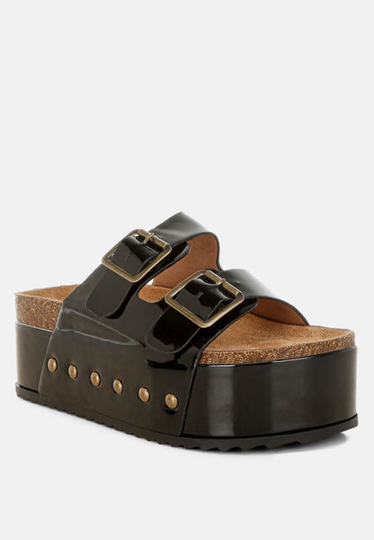 ROXY STUDDED PATENT FLATFORM SLIDES