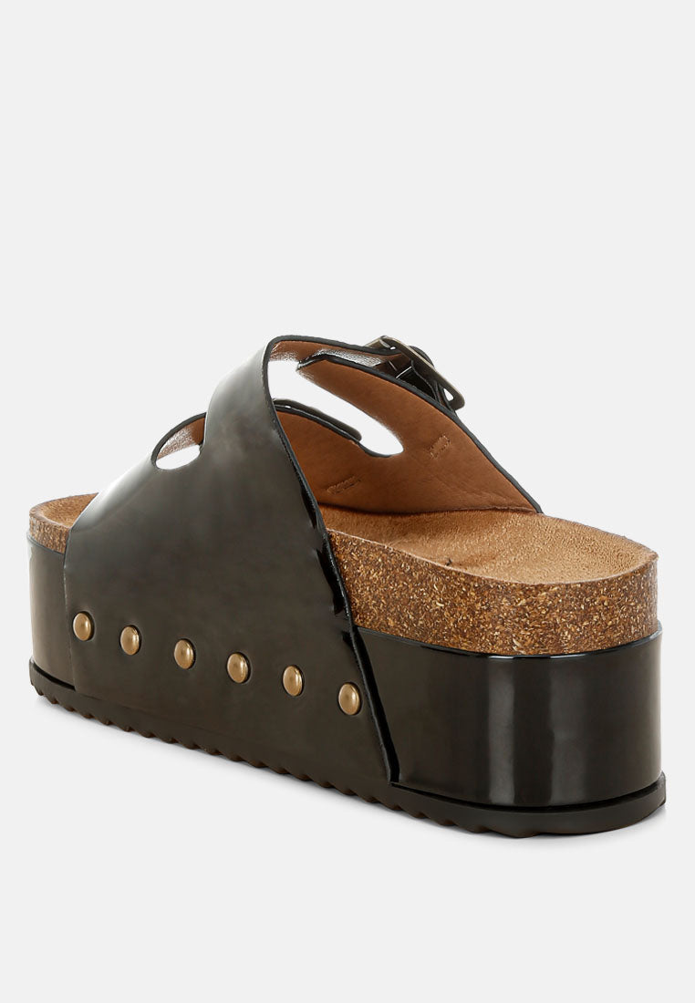 ROXY STUDDED PATENT FLATFORM SLIDES