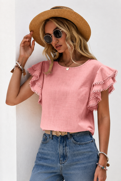 Pink Ruffle Sleeve Top for Women