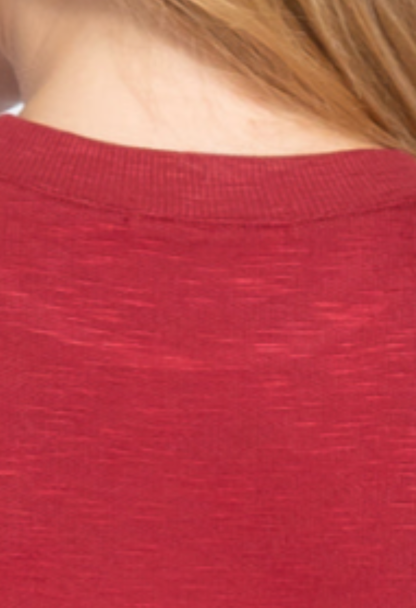 close up of a red Long Sleeve Crew Neck Slub Terry Top with matching shorts on a white background