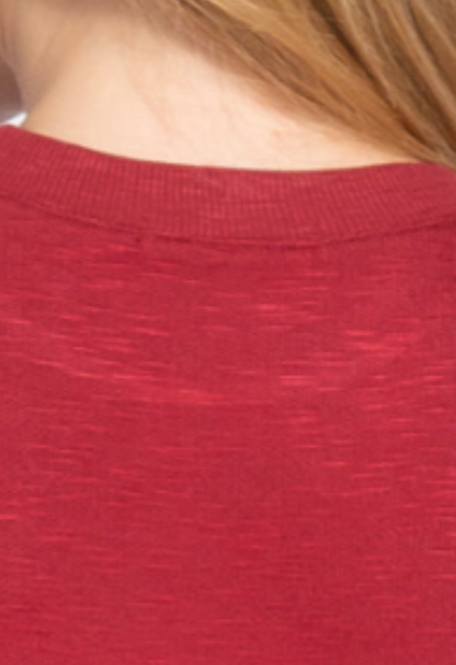 close up of a red Long Sleeve Crew Neck Slub Terry Top with matching shorts on a white background