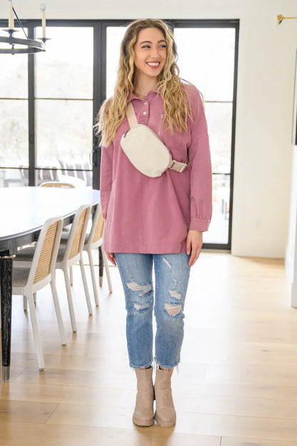 SWEET CRUSH COLLAR PULLOVER IN MAUVE