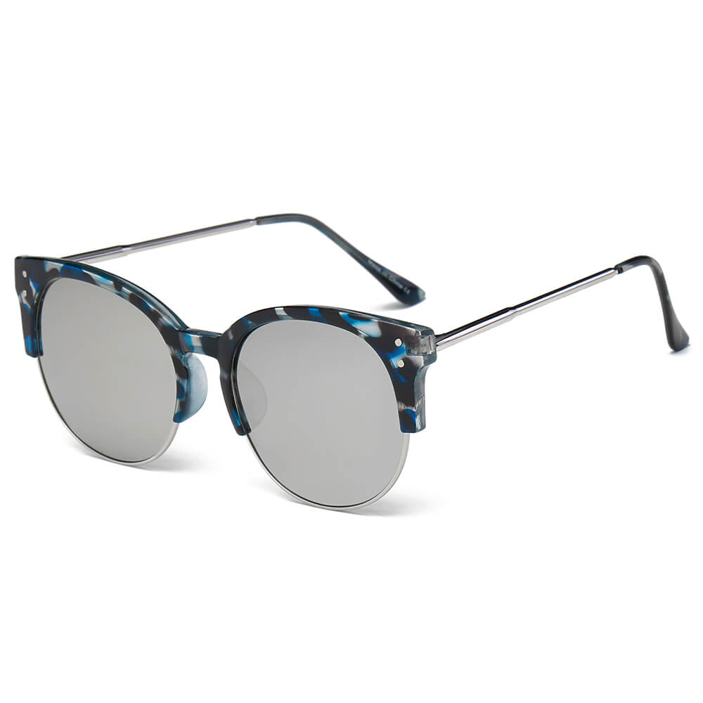 ABANDA |  Round Mirrored Flat Lens Half Frame Sunglasses Circle-5