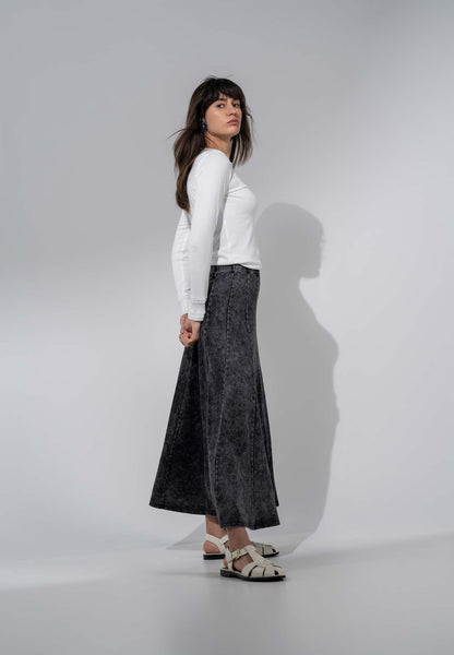 Paneled Flare Skirt 35"-Black Wash-2
