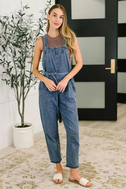 Too Cute to Compute Waist Tie Overalls in Dark Blue