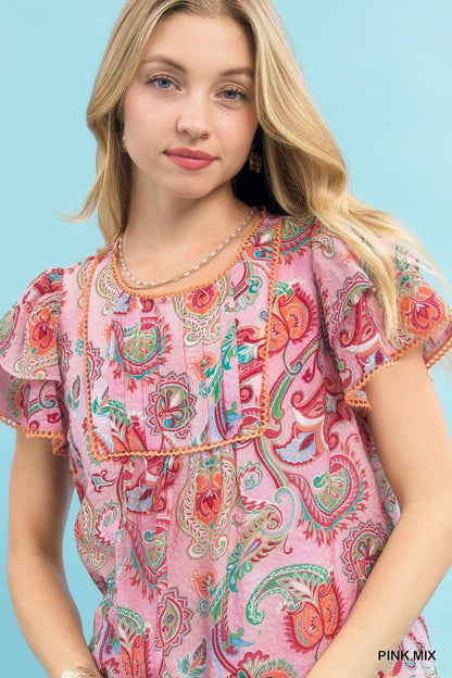 Women’s Pink Paisley Multicolor Print Ruffle Sleeve Top