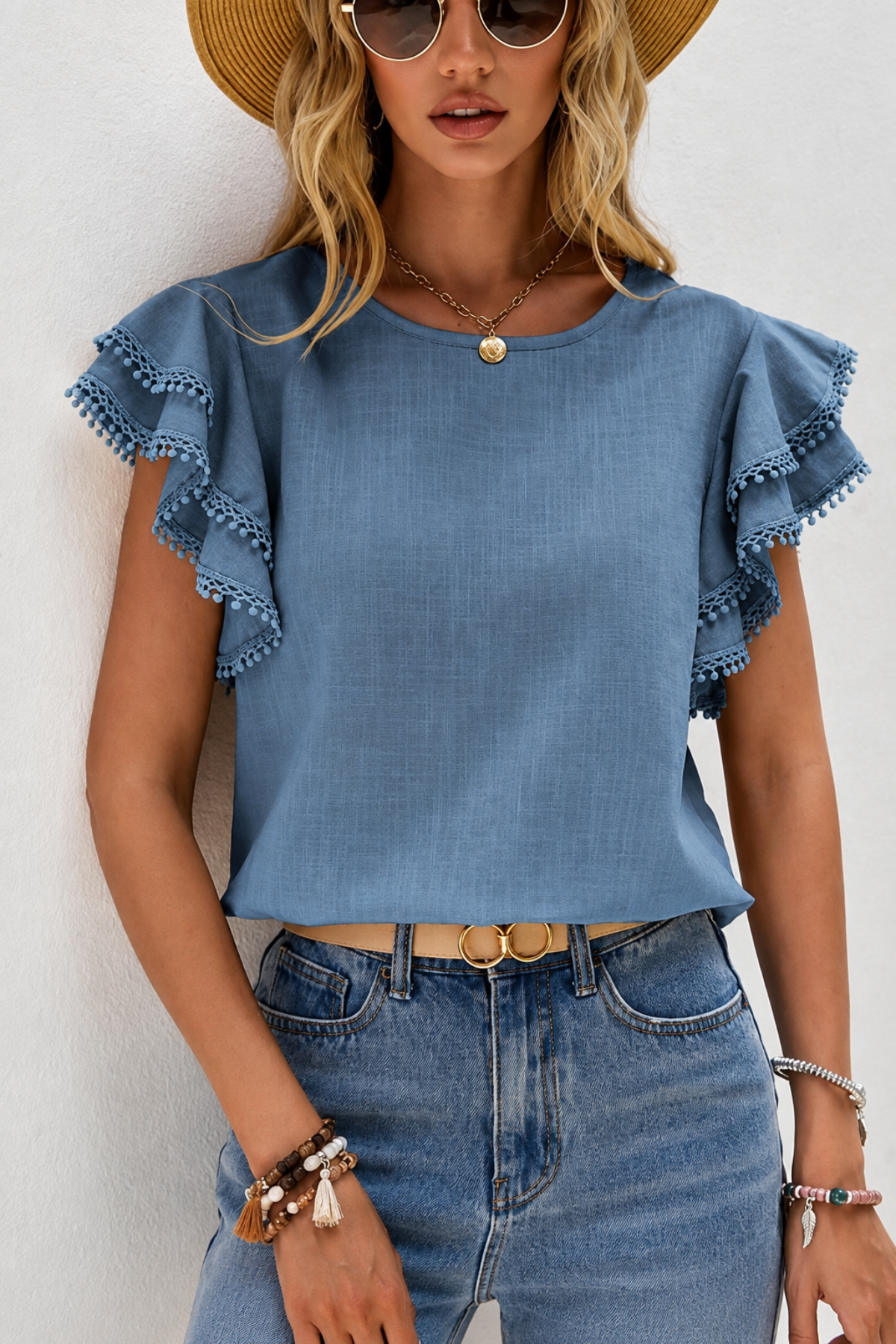 Women’s Blue Short Sleeve Ruffle Top